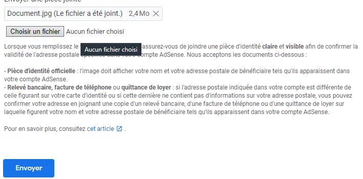Soumission de la demande de validation de l'adresse de paiement