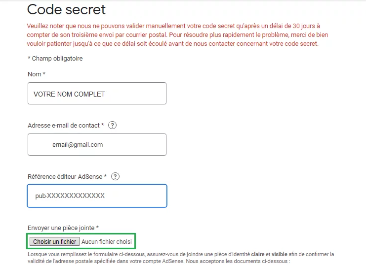 Informations de l'éditeur Adsense et soumission de la pièce d'identité