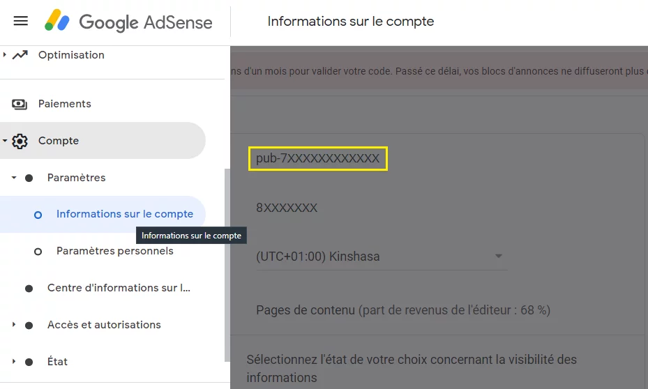 Visualisation de l'identifiant de l'éditeur AdSense