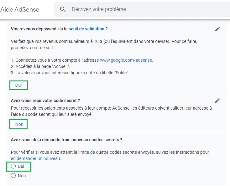 Code Google Adsense non reçu pour valider l'adresse
