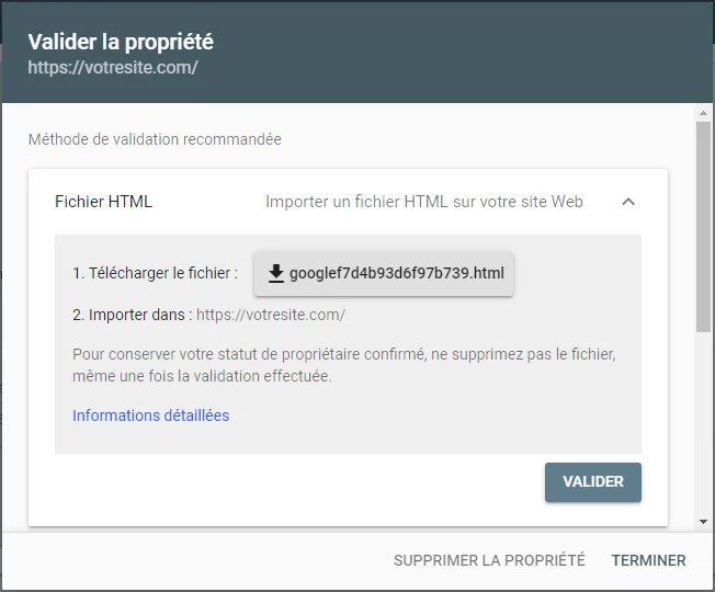 Fichier HTML de vérification Google