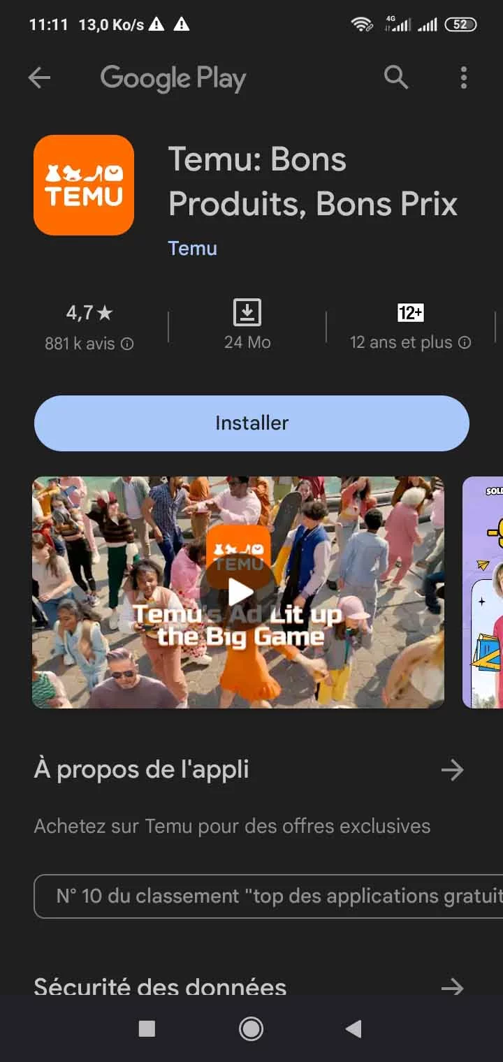 Installer Temu Shop Android sur Play Store